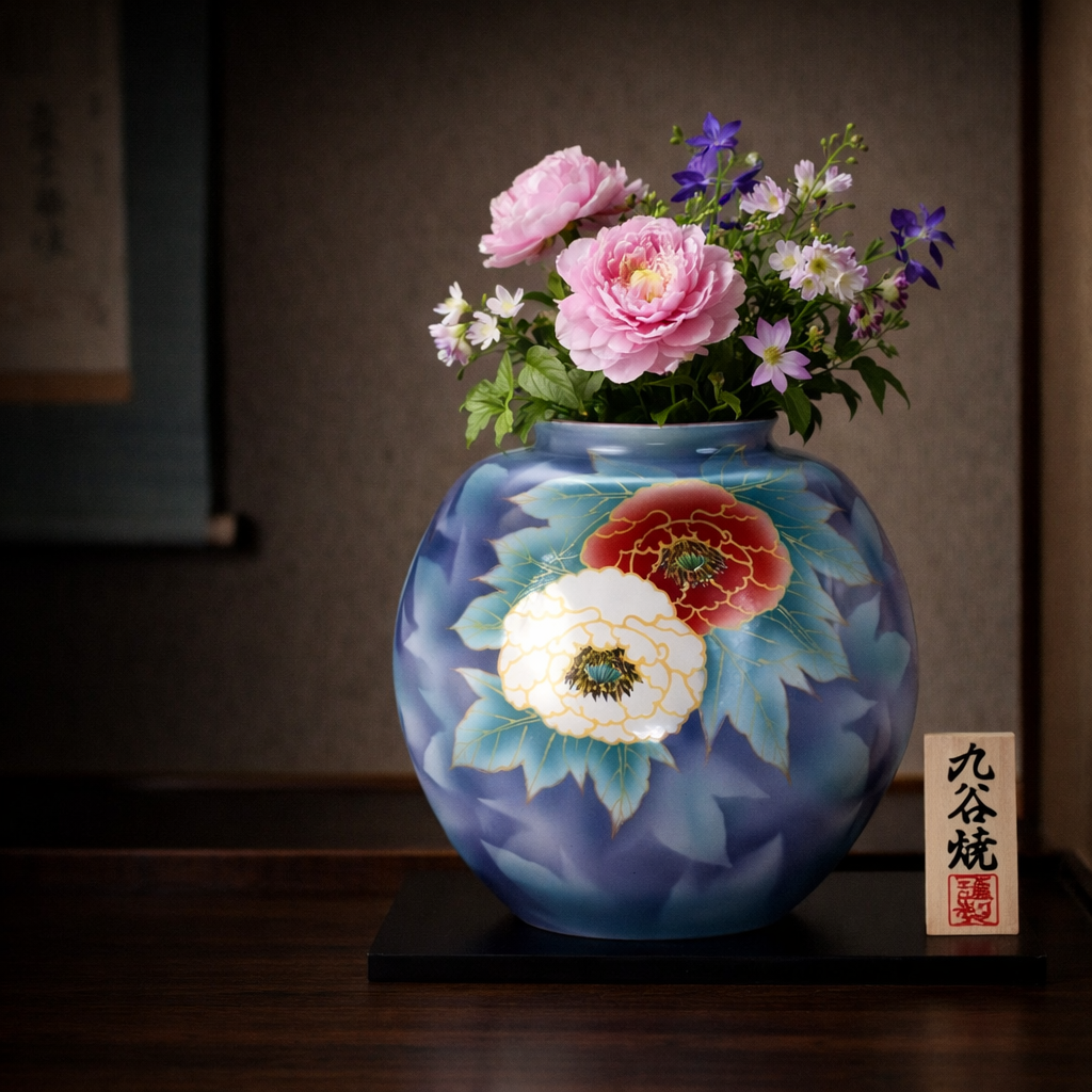KUTANI WARE JAPANESE VASE – RED & WHITE PEONY DESIGN