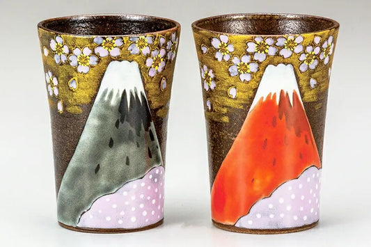 KUTANI WARE PAIR OF FREE CUPS GOLDEN CLOUD AND SAKURA FUJI/YOSHINORI FUKUDA