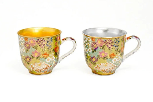 KUTANI WARE PAIR MUGS HANAZUME INTERIOR GOLD AND SILVER LEAF DECORATION/ KUTANI AKATUKIDOU