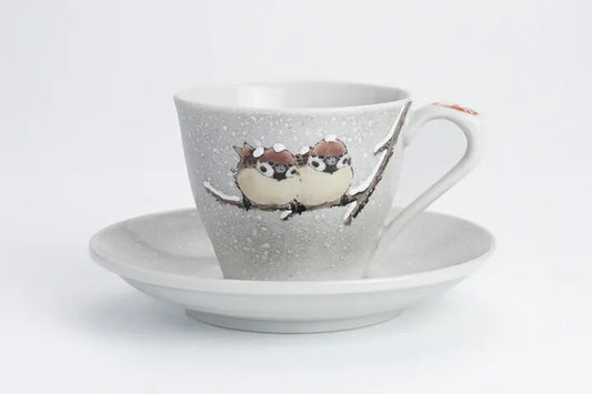KUTANI COFFEE CUP & SAUCER SET – TWO SPARROWS IN SNOW MOTIF BY TOSHITO NAKAMURA