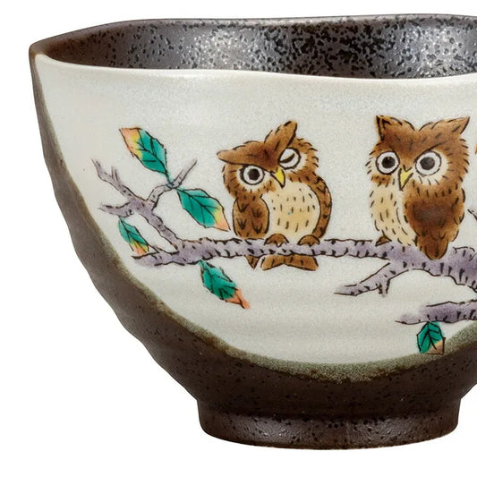 KUTANI WARE OWL OCHAZUKE BOWL JAPANESE CERAMIC TEA RICE BOWL MADE IN JAPAN