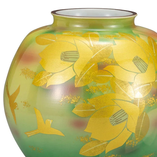 KUTANI WARE FLOWER VASE GOLD LEAF CAMELLIA AND BIRD/ KOYO