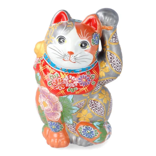 JAPAN KUTANI LUCKY CAT( MANEKI-NEKO) SILVER VERMILION FLORAL PROSPERITY (WITH CUSHION)