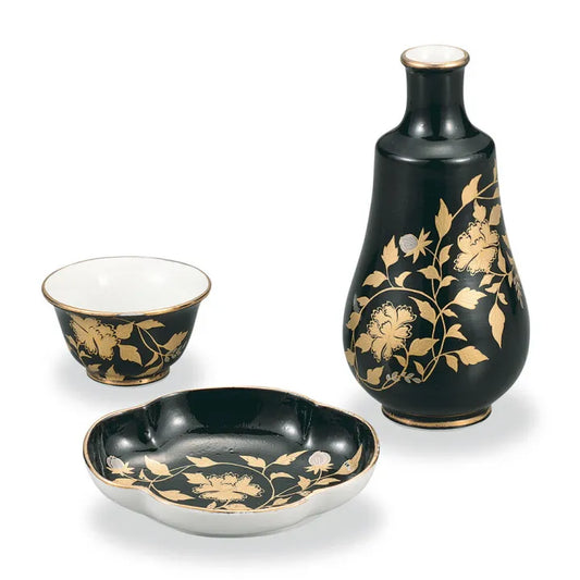 KUTANI WARE KINRANDE STYLE BLACK BY TAISHI KILN TRADITIONAL JAPANESE PORCELAIN GIFT
