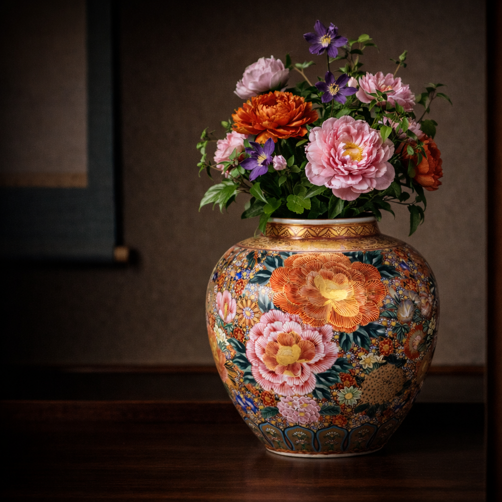 KUTANI WARE JAPANESE VASE – EXQUISITE HANAZUME (FLORAL-PACKED) DESIGN