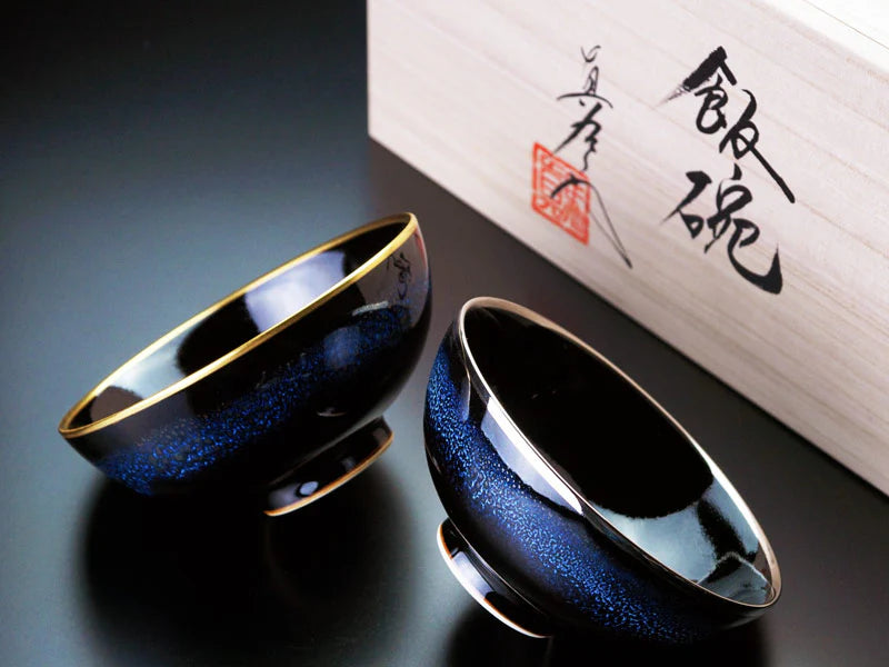ARITA WARE COUPLE RICE BOWL SET “BLUE MORNING STAR” (YOKO & GEKKO) BY SHINEMON KILN