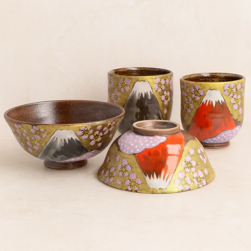 KUTANI WARE “GOLDEN CLOUD & SAKURA MT. FUJI” COUPLE SET