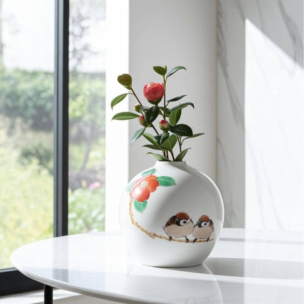 KUTANI JAPANESE SINGLE FLOWER VASE MARU-GATA TUBAKI NIJAKU-ZU / TOSHITO NAKAMURA
