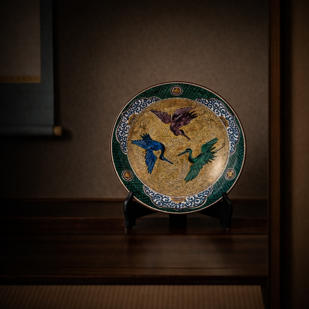 KUTANI JAPANESE DECORATIVE PLATE YOSHIDAYA CRANE DESIGN