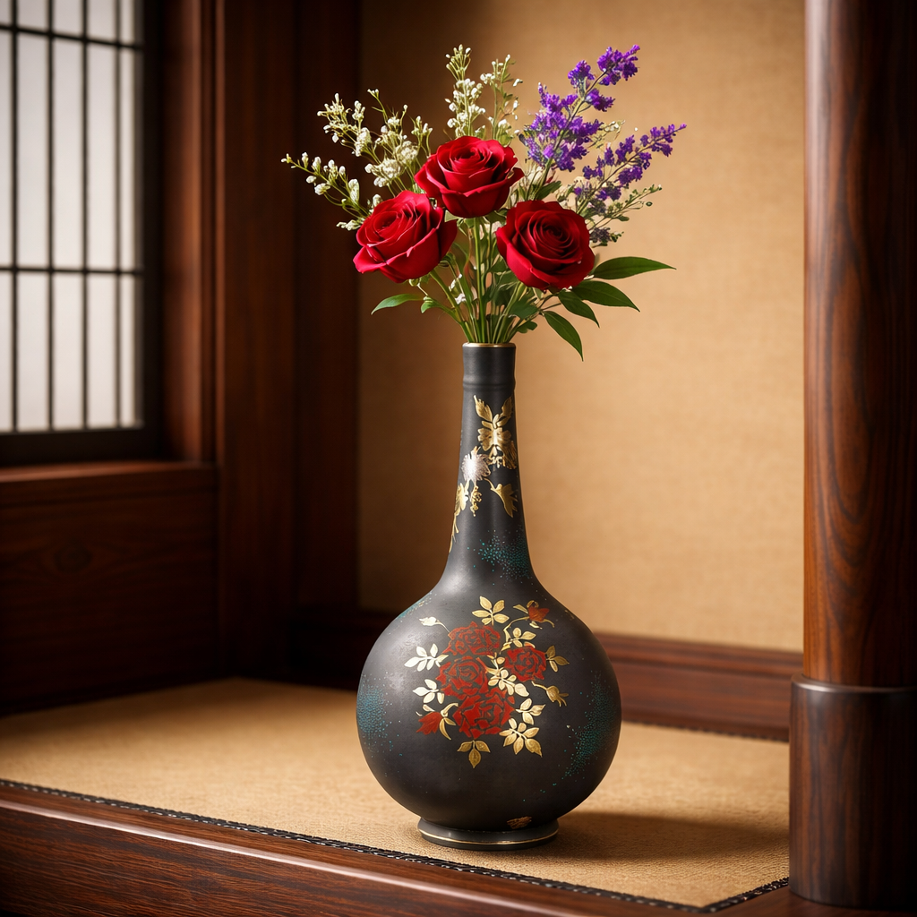 KUTANI WARE FLOWER VASE – PLATINUM ROSE & GRAPE DESIGN WITH AOTIBU BLUE DOTS BY KINGYOKU NAKATA