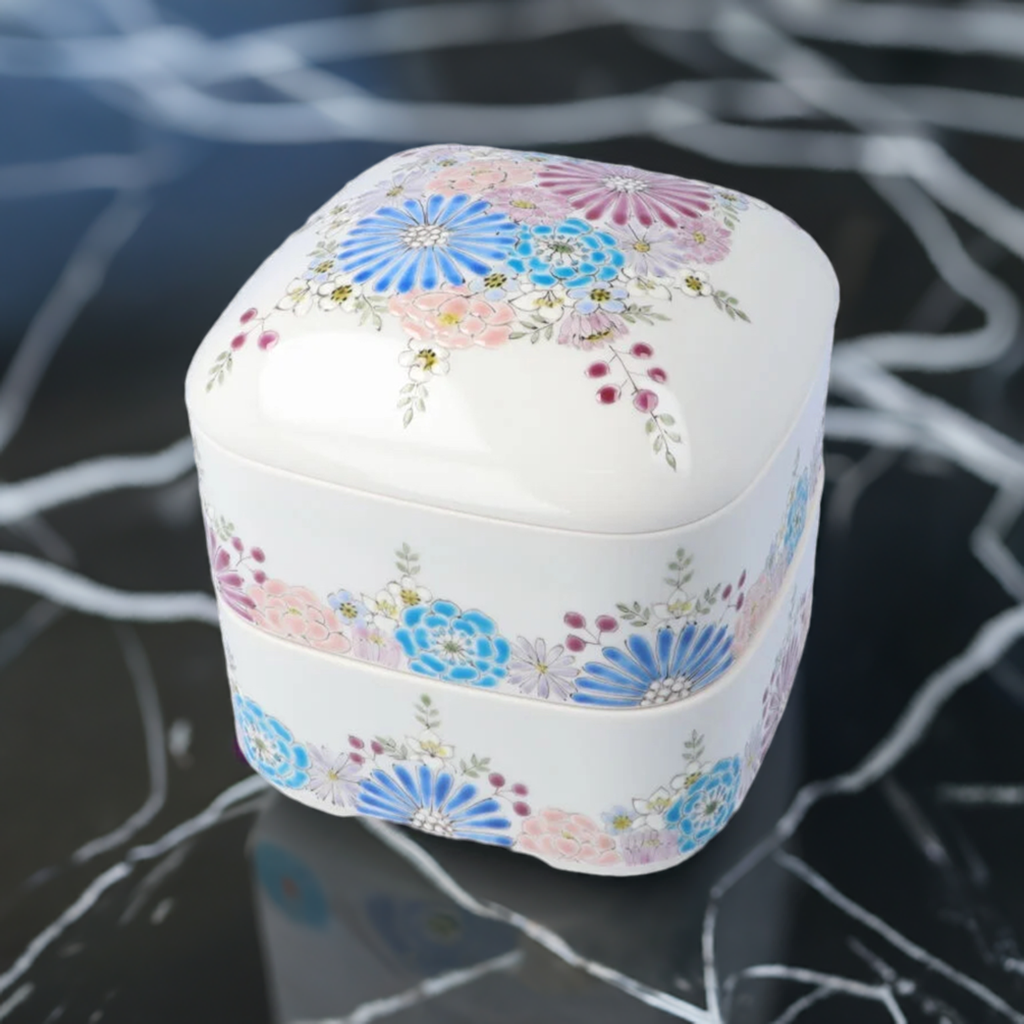 KUTANI WARE TWO-TIERED BOX - HANA BLUE-PURPLE DESIGN BY IROE-YU, JAPANESE CERAMIC ART