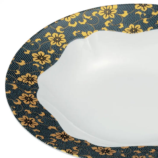 KUTANI WARE PASTA PLATE 24 CM – BLUE GRANULE TESSEN FLORAL DESIGN JAPANESE CERAMIC PLATE MADE IN JAPAN