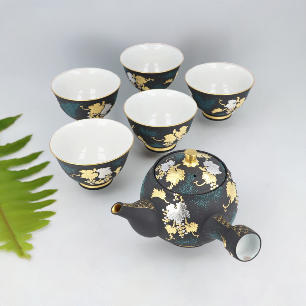 KUTANI WARE TEA UTENSILS SET SHIROKANEMORI GRAPEVINE TRELLIS AOCHIBU/ KINGYOKU NAKADA