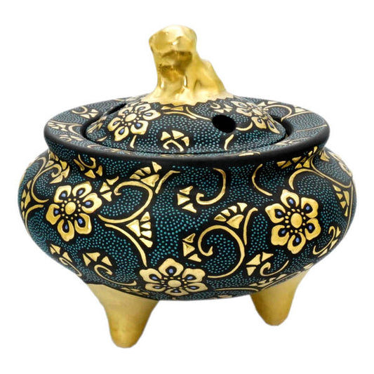 KUTANI WARE JAPANESE SHISHI-TOP INCENSE BURNER – HAND-PAINTED AOCHIBU DOTS WITH RAISED GOLD HŌSŌGE & KARAKUSA MOTIFS | TRADITIONAL JAPANESE KORO