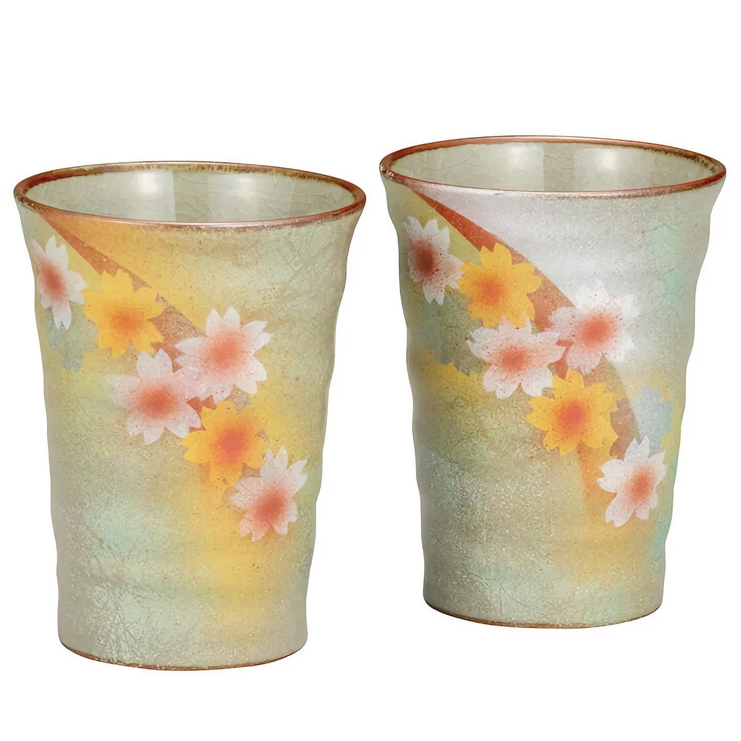 KUTANI WARE PAIR OF FREE CUPS SUNLIT FLORAL PATTERN