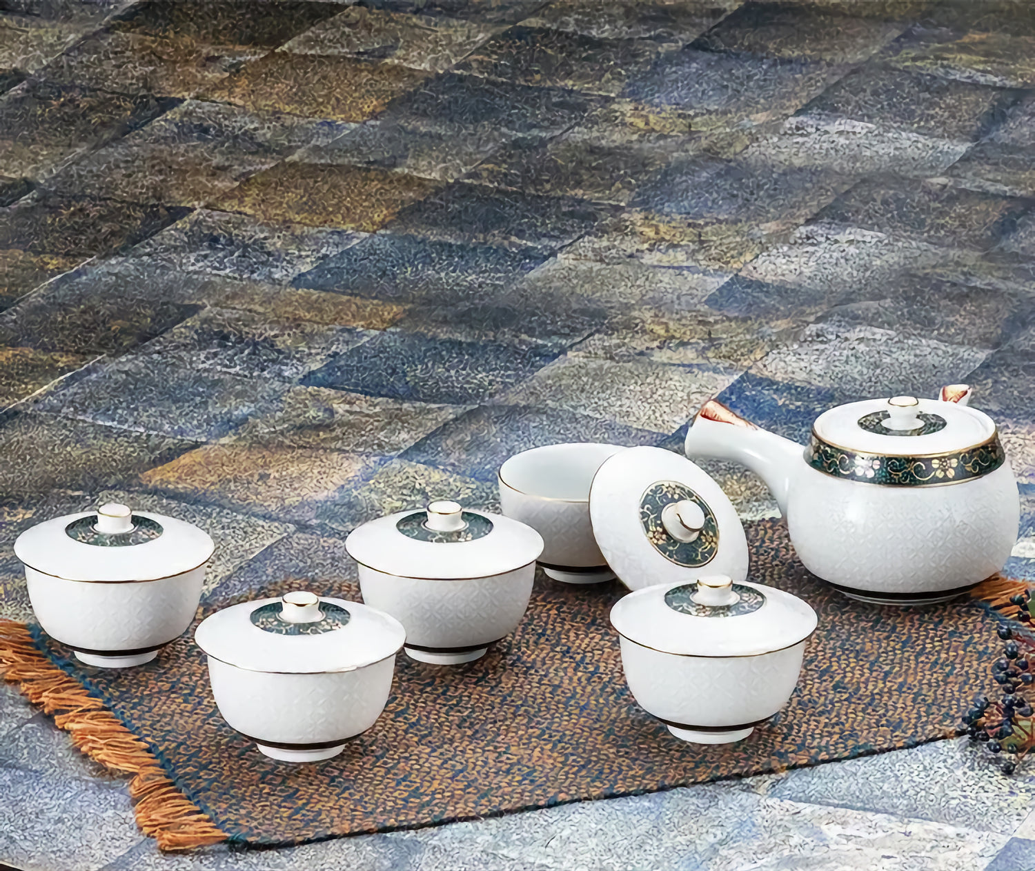 KUTANI JAPANESE TEA SET LIDDED TEA SET WHITE SHIPPŌ