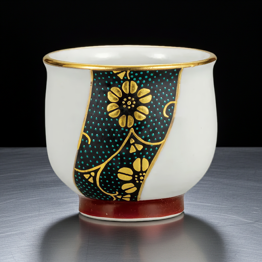 KUTANI JAPANESE GUINOMI - GOLD LEAF TWISTED BLUE DOTS WITH TESSEN (CLEMATIS) DESIGN/ MANAMI UENO