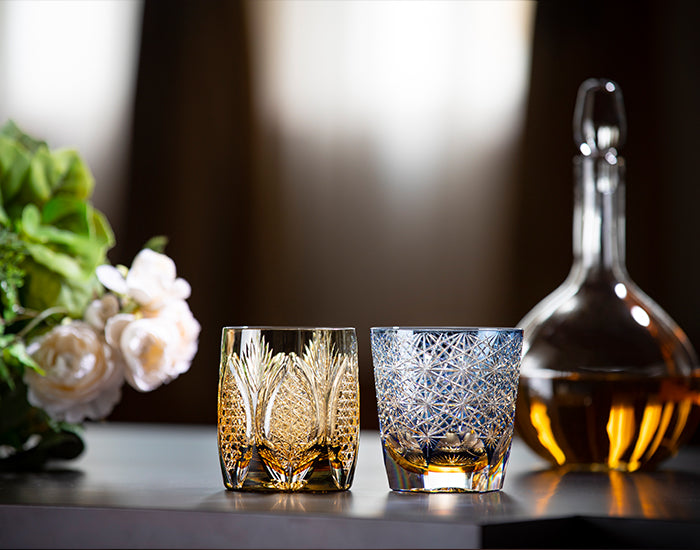 WHISKY GLASS, EDO KIRIKO KASANEIROME “OGIKU (CHRYSANTHEMUM IN ABUNDANCE)” BY JUNICHI NABETANI, MASTER OF TRADITIONAL CRAFTS