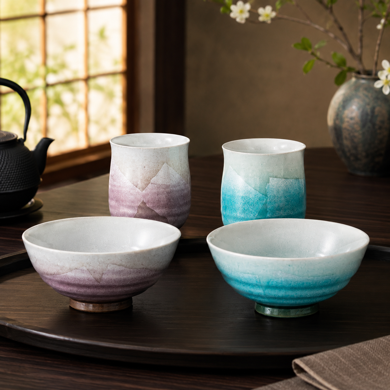 KUTANI WARE MUTSUMI-ZOROE COUPLE SET – SILVER GLAZE, LIGHT BLUE & PURPLE / RYUSAI