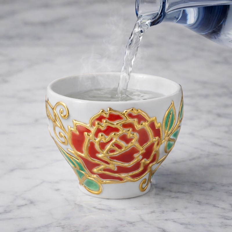 JAPANESE KUTANI WARE SAKE CUP (SAKAZUKI) – ROSE DESIGN BY SHIHO AIKAWA