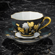 KUTANI WARE DODECAGONAL COFFEE CUP & SAUCER – SHIROGANE MORI GRAPE & ROSE DESIGN WITH AOCHIBU BLUE DOTS BY KINGYOKU NAKADA