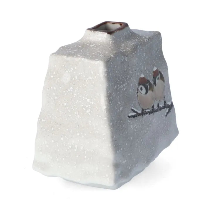 KUTANI WARE TRAPEZOID VASE “TWO SPARROWS IN SNOW” BY TOSHITO NAKAMURA (GIFT BOX INCLUDED)