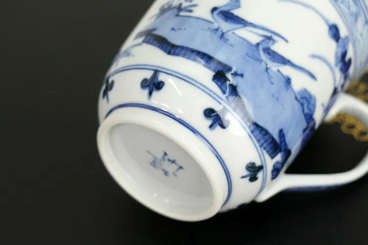 KUTANI {IMPERIAL HOUSEHOLD AGENCY OFFICIAL KILN} JAPANESE MUG CUP (BLUE AND WHITE FLORAL BIRD PATTERN) / CYOZA YAMAMOTO