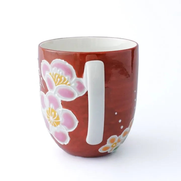 JAPANESE KUTANI PORCELAIN MUG CUP – RED BACKGROUND FLORAL PATTERN, SHIHO AIKAWA