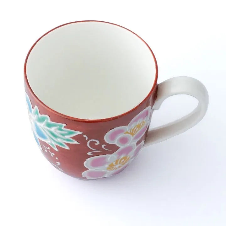 JAPANESE KUTANI PORCELAIN MUG CUP – RED BACKGROUND FLORAL PATTERN, SHIHO AIKAWA