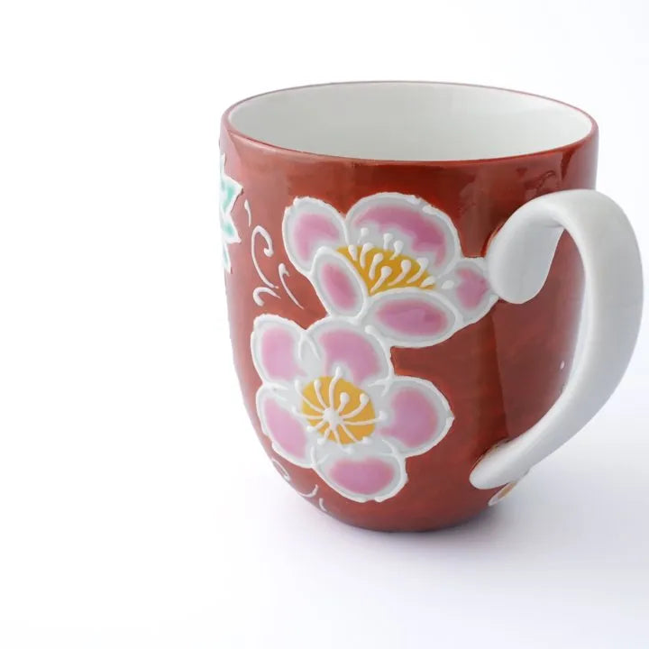 JAPANESE KUTANI PORCELAIN MUG CUP – RED BACKGROUND FLORAL PATTERN, SHIHO AIKAWA
