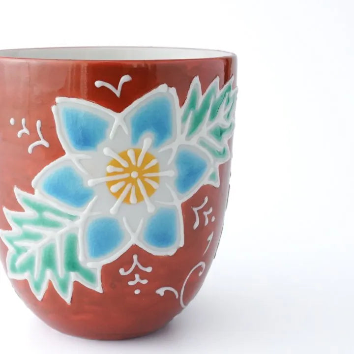 JAPANESE KUTANI PORCELAIN MUG CUP – RED BACKGROUND FLORAL PATTERN, SHIHO AIKAWA
