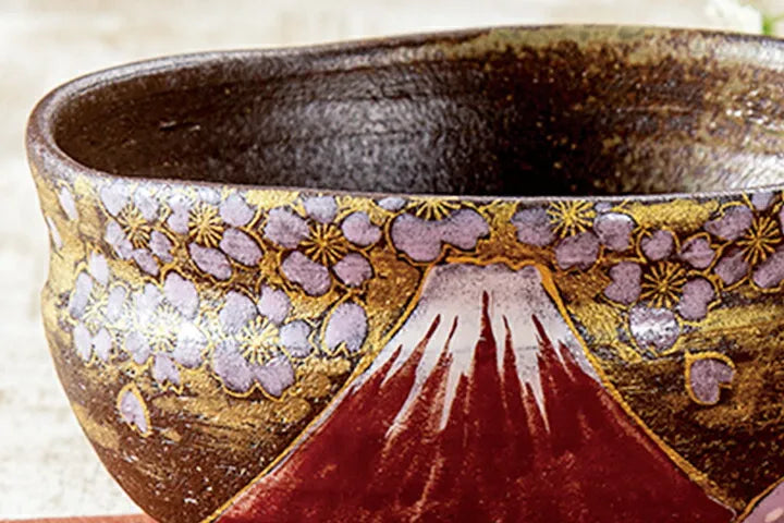KUTANI WARE MATCHA BOWL – HANDCRAFTED JAPANESE TEA CEREMONY CHAWAN ‘GOLDEN CLOUDS, SAKURA & MT. FUJI’ BY YOSHINORI FUKUDA