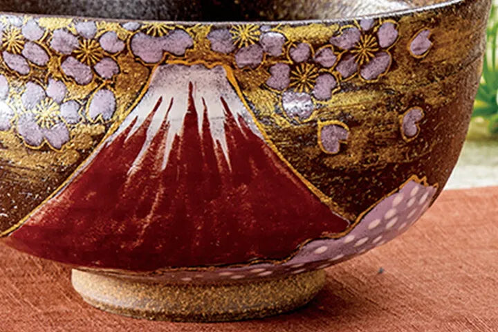 KUTANI WARE MATCHA BOWL – HANDCRAFTED JAPANESE TEA CEREMONY CHAWAN ‘GOLDEN CLOUDS, SAKURA & MT. FUJI’ BY YOSHINORI FUKUDA