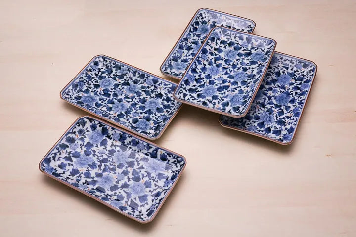 KUTANI WARE RECTANGULAR PLATE SET - IROE BOTAN KARAKUSA DESIGN / IMPERIAL HOUSEHOLD AGENCY'S DESIGNATED KILN BY CYOZA YAMAMOTO
