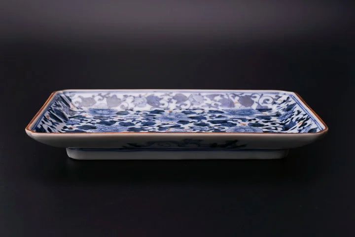 KUTANI WARE RECTANGULAR PLATE SET - IROE BOTAN KARAKUSA DESIGN / IMPERIAL HOUSEHOLD AGENCY'S DESIGNATED KILN BY CYOZA YAMAMOTO