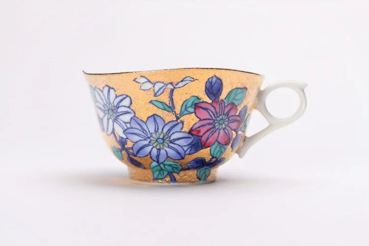 KINRYU KILN ARITA GOLD DECORATION TETSUSEN FLOWER COFFEE CUP (WITH WOODEN BOX)