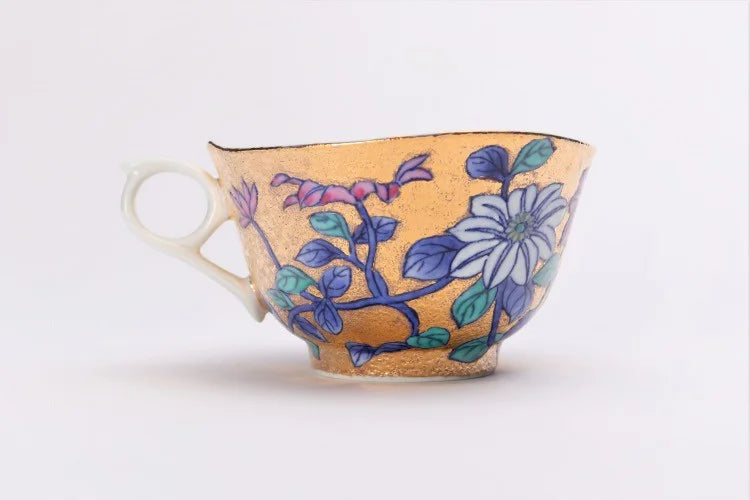 KINRYU KILN ARITA GOLD DECORATION TETSUSEN FLOWER COFFEE CUP (WITH WOODEN BOX)