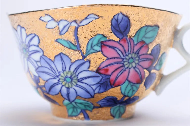 KINRYU KILN ARITA GOLD DECORATION TETSUSEN FLOWER COFFEE CUP (WITH WOODEN BOX)