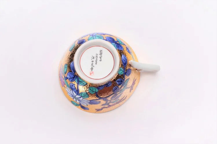 KINRYU KILN ARITA GOLD DECORATION TETSUSEN FLOWER COFFEE CUP (WITH WOODEN BOX)