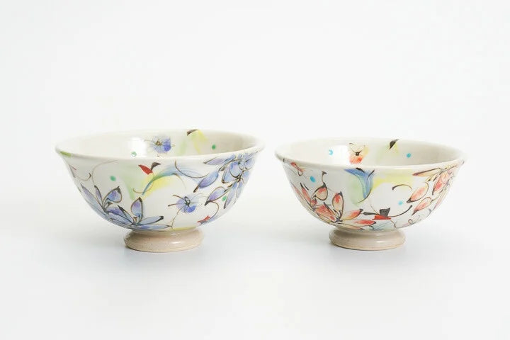 KUTANI WARE SET OF RICE BOWLS - SAIKA (COLORFUL FLORAL DESIGN), KOKUZOU KILN, JAPANESE CERAMIC BOWLS