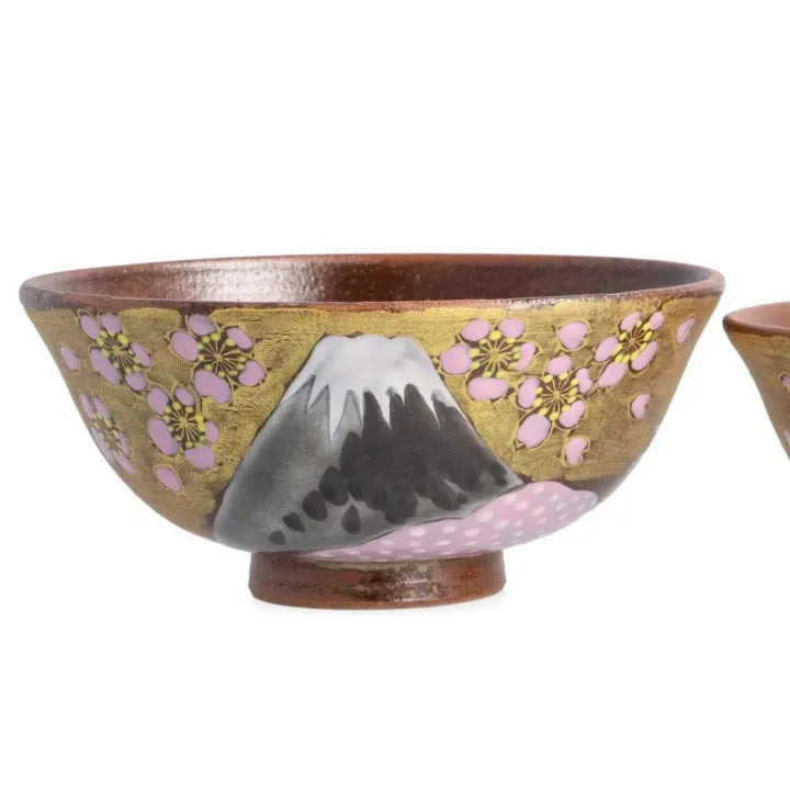 KUTANI WARE RICE BOWL PAIR – “GOLDEN CLOUD SAKURA FUJI” BY YOSHINORI FUKUDA (GIFT BOXED)