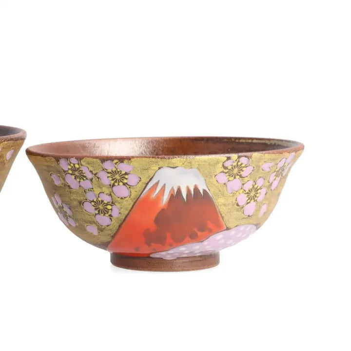 KUTANI WARE RICE BOWL PAIR – “GOLDEN CLOUD SAKURA FUJI” BY YOSHINORI FUKUDA (GIFT BOXED)