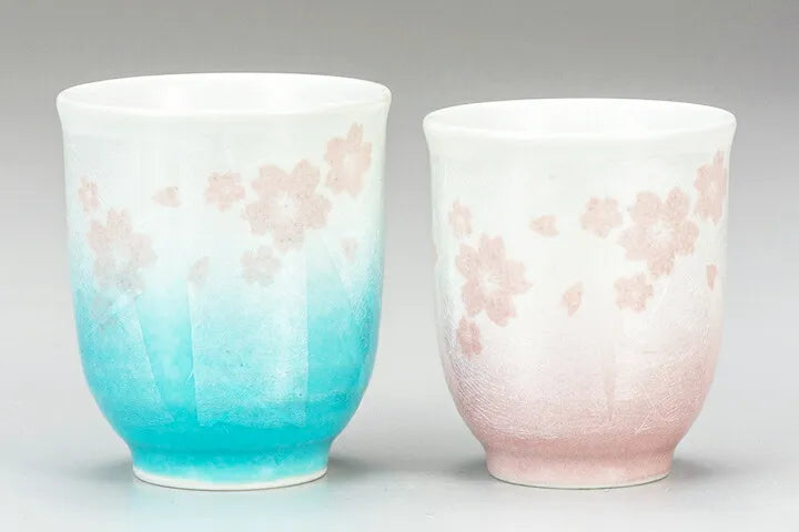 KUTANI WARE “SILVER SAKURA” YUNOMI TEA CUP PAIR (IN PRESENTATION BOX)