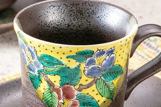 KUTANI JAPANESE PAIR COFFEE CUP YOSHIDAYA CAMELLIA DESIGN