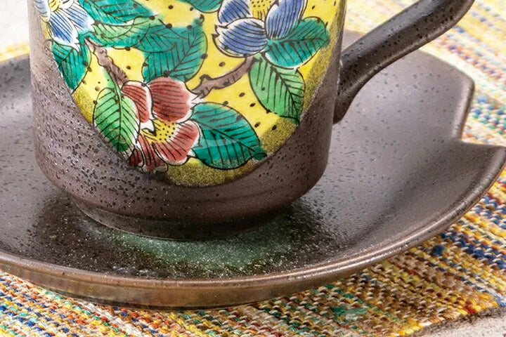KUTANI JAPANESE PAIR COFFEE CUP YOSHIDAYA CAMELLIA DESIGN