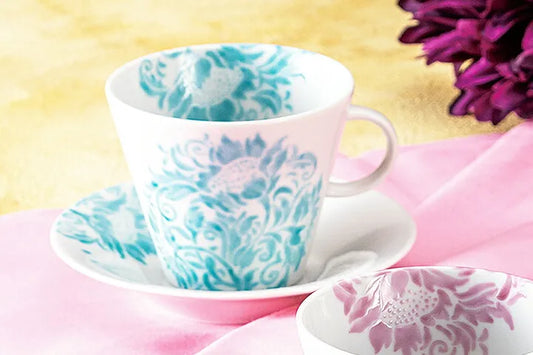 KUTANI JAPANESE PAIR COFFEE CUP SUNFLOWER PATTERN