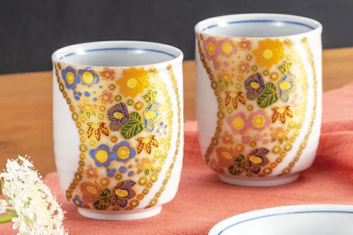 KUTANI WARE MUTSUZOROI TEA CUP SET – KYOKUSUI HANAZUME DESIGN (GIFT BOX INCLUDED)