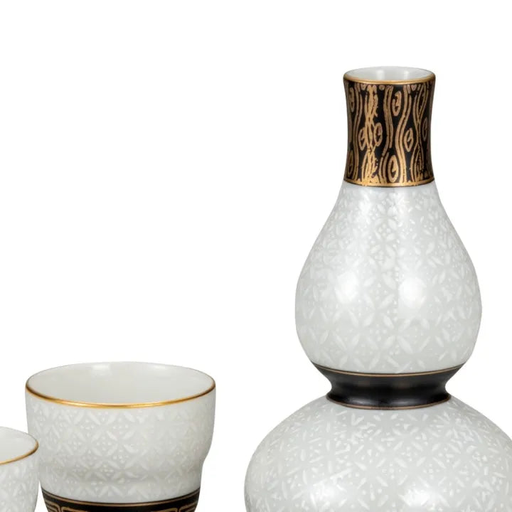 KUTANI JAPANESE SAKE SET WHITE CLOISONNÉ