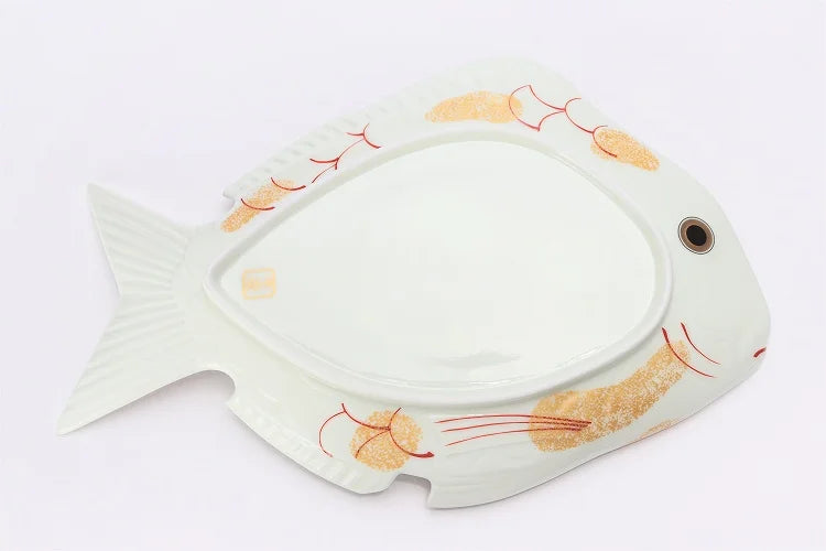 JAPANESE ARITA WARE"TAI-SHAPED LARGE SERVING PLATE" NISHIKI GOLD TATAKI FINISH / KOURAKU KILN
