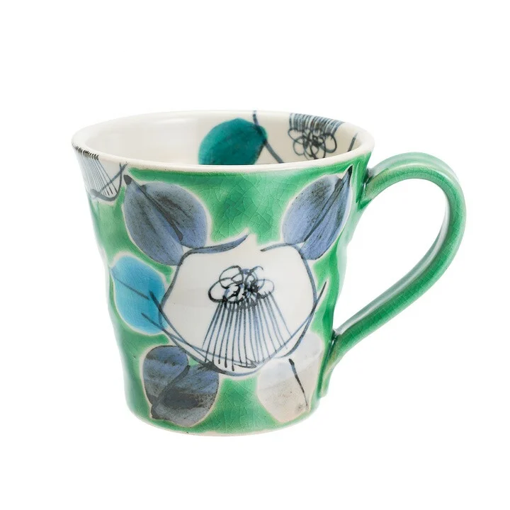 KUTANI JAPANESE MUG CUP KOZOME TUBAKI GREEN /KOKUZOU KLIN